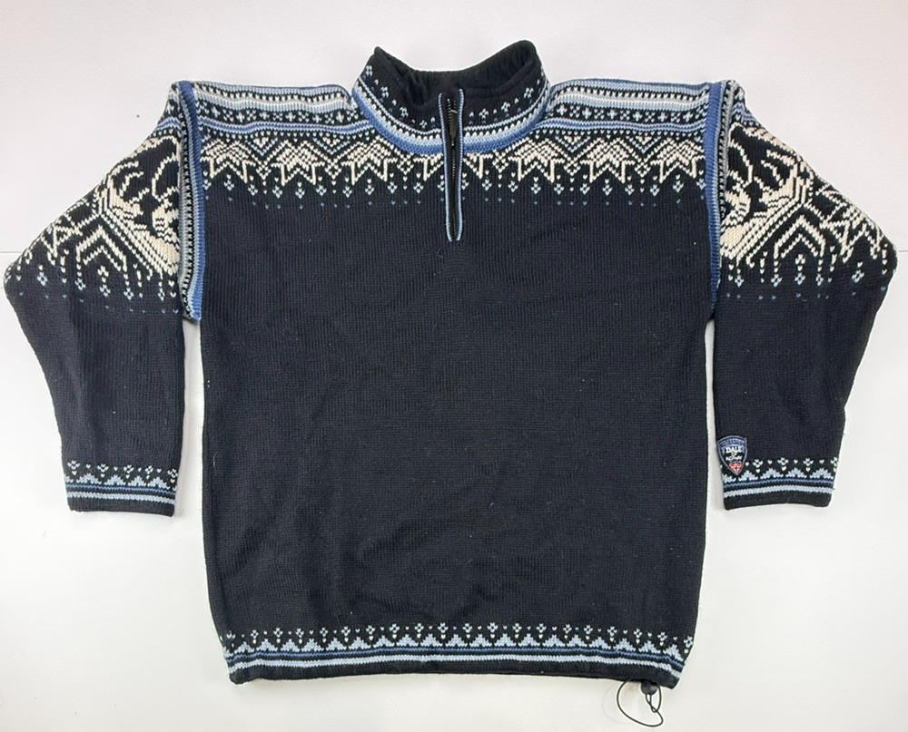 Dale of Norway Osterdalen 2004 Sweater Mens L Wool Nordic 1/4 Zip Black Blue